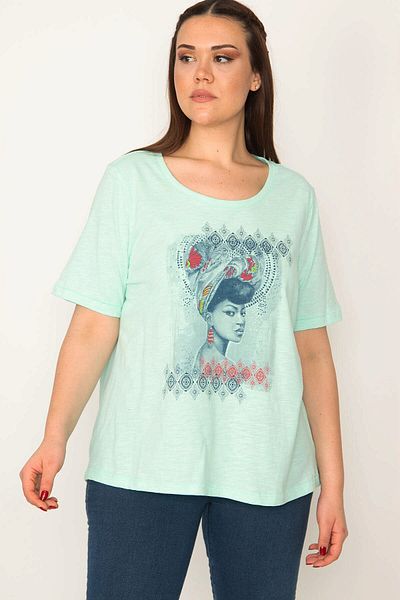 Şans Women's Large Size Mint Cotton Fabric Front Printed Short Sleeve Blouse 65n32425