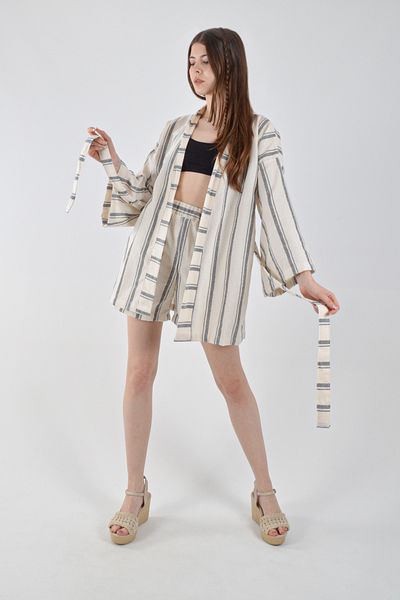REİNA TEKS Kalin Black Striped Suit Kimono Shorts and Bottom-Top Suit Beach/Daily Wear