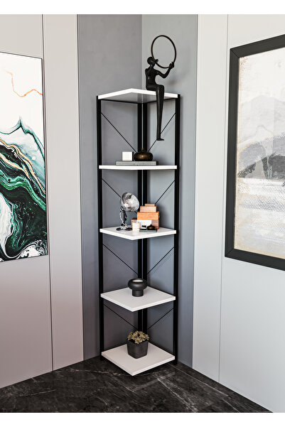 alpaevmobilya 5 Raflı Metal Köşe Kitaplık Dekoratif Aksesuar Rafı Çiçeklik Salon Dekoratif Çok Amaçlı Raf