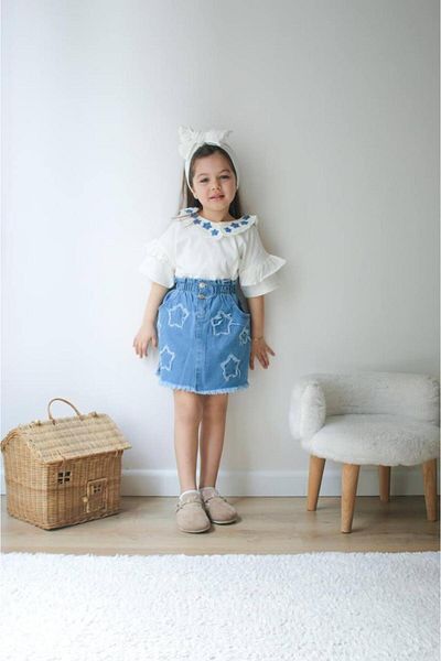 tunays shopping Denim Skirt Suit Star Embroidered Girl