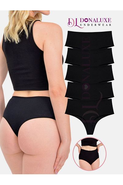 Donaluxe Tanga de dama, tanga cu talie inalta tesatura din bumbac culoare neagra Pachet de 5