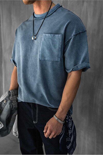 ablukaonline Ανδρικό πλενόμενο μπλουζάκι με λεπτομέρεια ραφής μπλε