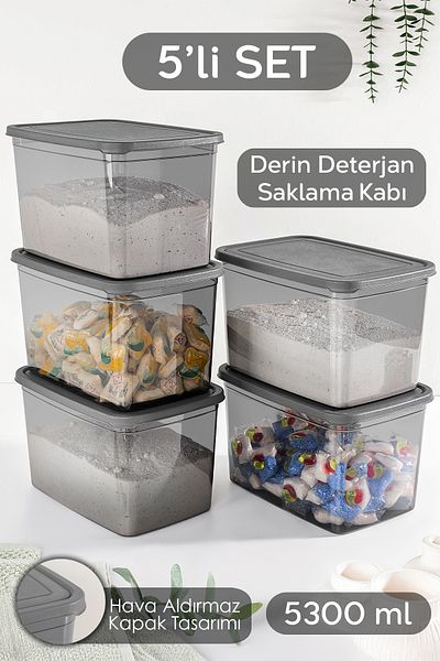 Meleni Home 5-Piece Mega Size Detergent Storage Box - Rectangular Powder Tablet Detergent Box Anthracite 5.3 Liters
