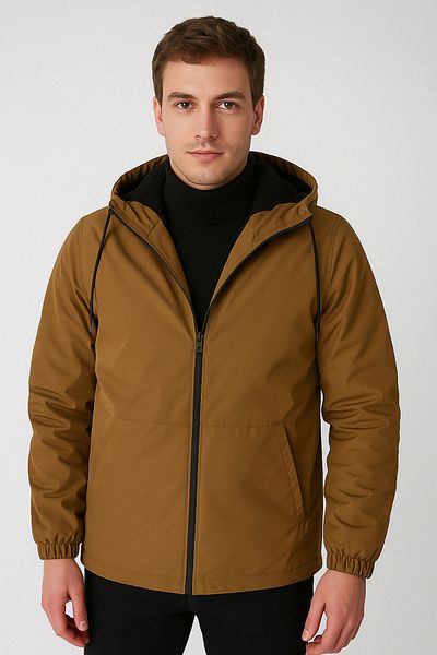 firststops معطف رياضي بغطاء للرأس مقاوم للماء والرياح للرجال من Shearling باللون البني الفاتح