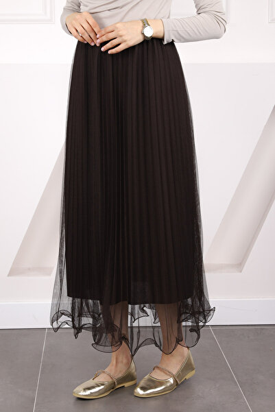 İmajButik Brown Pleated Elastic Waist Skirt