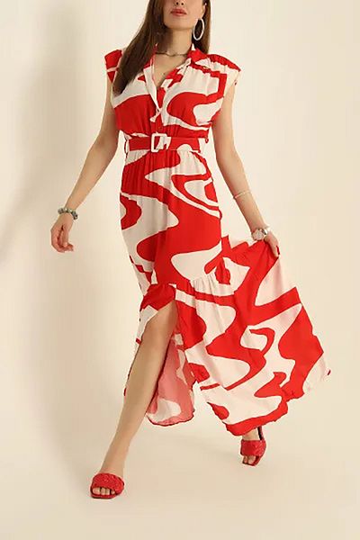 Neşeli Butik Women's Belt Button Detailed Long Viscose Dress Nbmy3534