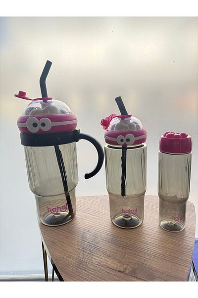 MİMOZA PARK 3-Piece Cute Straw Flask Plastic Bpa-Free (Large Size with Handle)