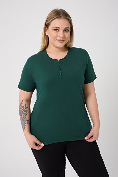 BANEGA Curve γυναικεία μπλούζα μεγάλου μεγέθους από βαμβακερή λύκρα με λαιμόκοψη με λεπτομέρεια Basic απλή πράσινη μπλούζα