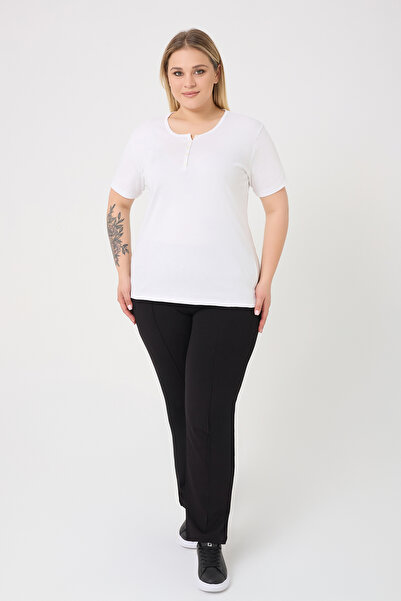 BANEGA Curve Women's Large Size Cotton Lycra Crew Neck Button Detailed Basic Plain White Blouse