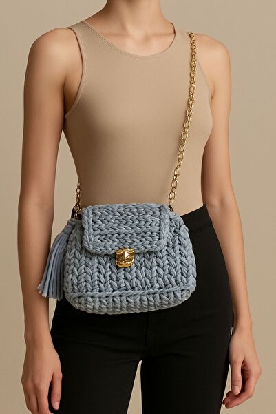 Minii Tuhafiye El Yapımı Zincir Askılı Örgü Çanta - Buz Mavisi