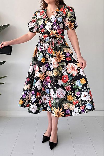 Neşeli Butik rochie de damă cu curea din popelin cu imprimeu NBMY3467