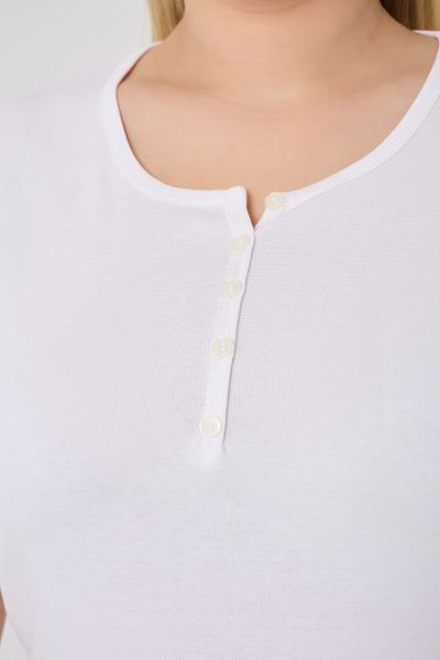 BANEGA Curve Women's Large Size Cotton Lycra Crew Neck Button Detailed Basic Plain White Blouse