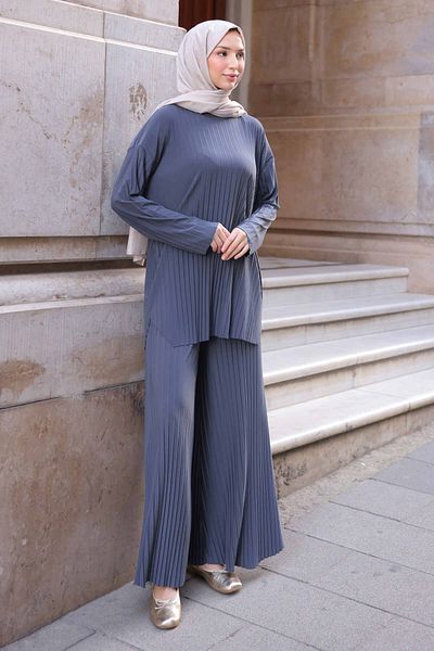 İmajButik Set pantaloni cu tunică de nisip plisată afumată