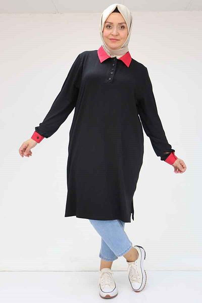 Eslina 58042 Large Size Combed Cotton Tunic with Collar and Cuff Garnish - Red