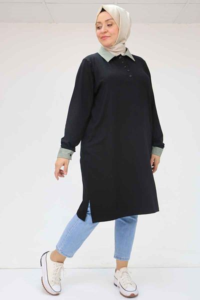 Eslina 58042 Large Size Combed Cotton Tunic with Collar and Cuff Garnish - Nefti