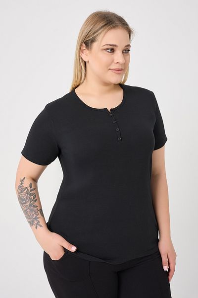 BANEGA Curve Women's Plus Size Cotton Lycra Crew Neck Button Detailed Basic Plain Black Blouse