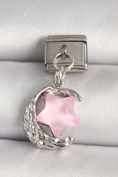 Clariss 316L Steel Silver Color Crescent Pink Enamel Star Model Nomination Charm