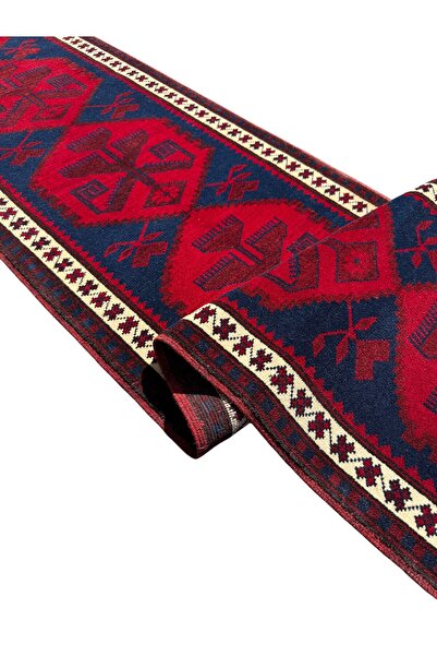 BURAK HALI El Dokuma Yağcıbedir Halısı 58x245 Kırmızı Lacivert Kök Boya Yolluk