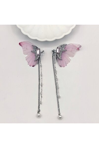 TakıDolabı Model Tasarımlı Mor Kelebek Fiğürlü Zincir İnci Detaylı Kıkırdak Küpe