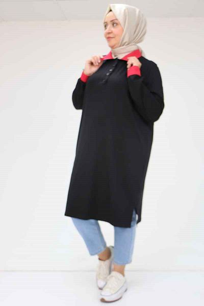 Eslina 58042 Large Size Combed Cotton Tunic with Collar and Cuff Garnish - Red