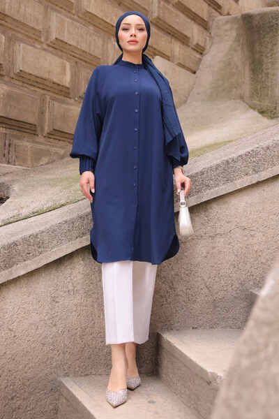 İmajButik سترة ليندا مضلعة بأكمام زرقاء داكنة