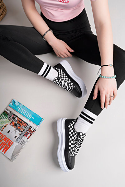 pasyone Black Women's High Sole Checkerboard Patterned Casual Shoes