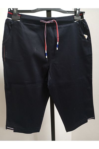 AKŞEN GİYİM Plus Size Recovery High Waisted City Boy Navy Blue Color Lace up Bermuda Linen Shorts