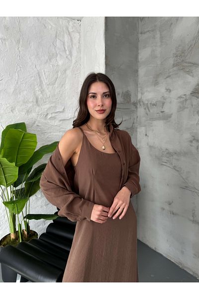 Elif Özbey Butik Set cămașă rochie cu curea de frânghie maro