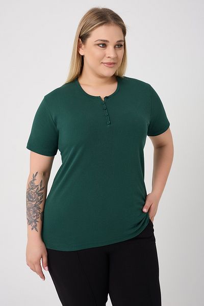 BANEGA Curve Women's Plus Size Cotton Lycra Crew Neck Button Detailed Basic Plain Green Blouse