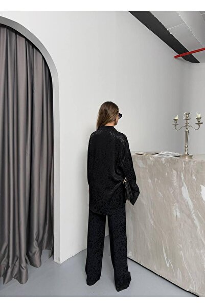 TİENDEROPA Women's Leopard Print Satin Bottom Top Set Shirt Elastic Waist Pants