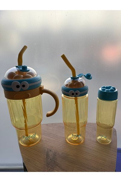 MİMOZA PARK 3-Piece Cute Straw Flask Plastic Bpa-Free (Large Size with Handle)