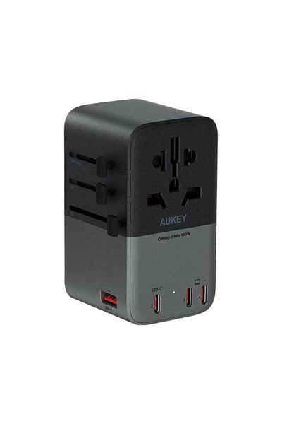 AUKEY محول ترافل ميت 100 واط GaN عالمي مع منافذ USB، أسود