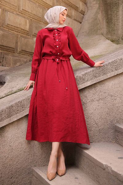 İmajButik Βουργουνδία βολάν μπροστά Modal πουκάμισο φούστα κοστούμι