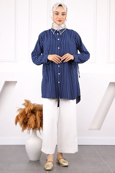 İmajButik Navy Blue Sleeve Lace Collar Stone Linda Tunic