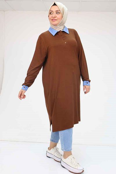 Eslina 58036 Large Size Combed Cotton Tunic with Collar and Sleeve Combination - Brown