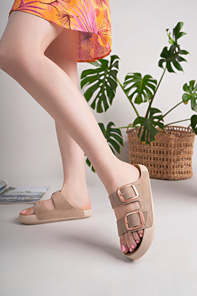 pasyone Papuci de vară cu talpă confortabilă pentru femei bej cu cataramă dublă