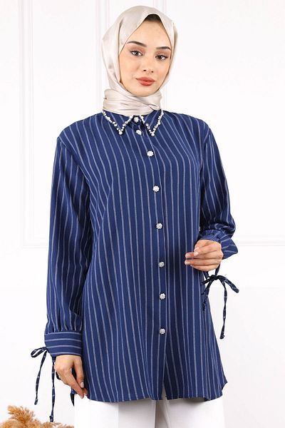 İmajButik Navy Blue Sleeve Lace Collar Stone Linda Tunic