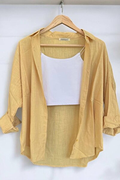 fatma keskin linna butik Pastel Hardal Sarı Keten Gömlek Yeni Sezon Yazlık Gö...
