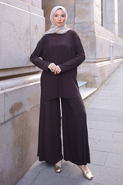 İmajButik Σετ παντελόνι καφέ πλισέ Sandy Tunic