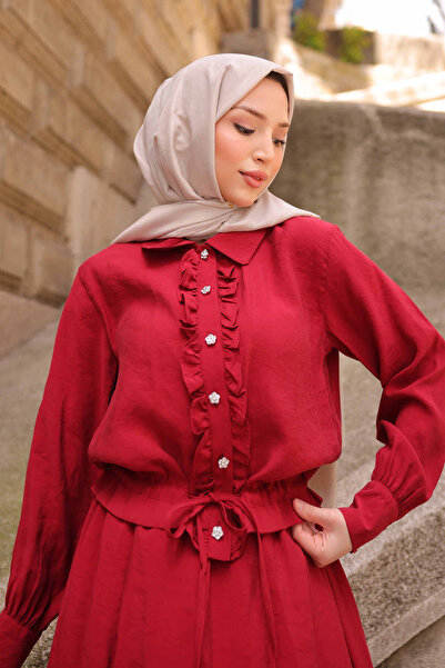 İmajButik Burgundy Ruffled Front Modal Shirt Skirt Suit