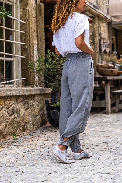 Namaste Vintage Gray Color Leg Mesh Detailed Linen Baggy Pants with Elastic Waist