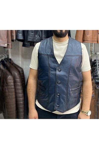 NYC GİYİM TEKSTİL Genuine Leather Navy Blue Color Vest Slim Fit Cut