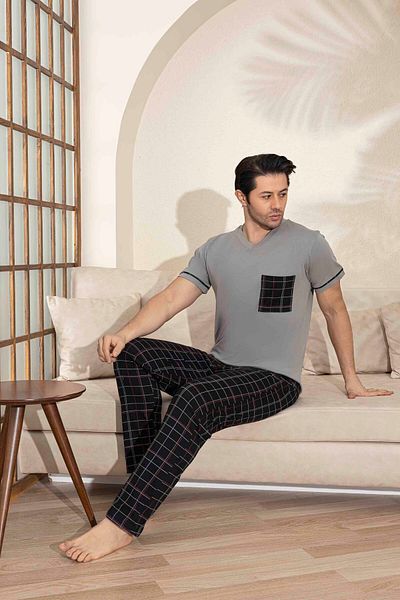 Tarık Men's Gray Plaid and Square Pattern Short Sleeve Father-Son Combination Summer Combed Cotton Fabric Pajamas Set
