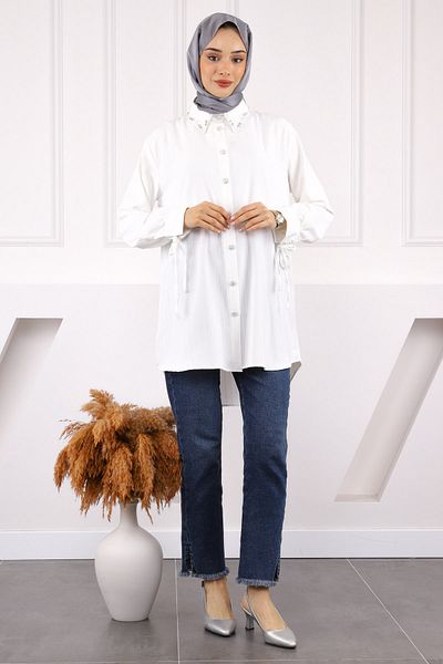 İmajButik Εκρού Λαβή Lace Up Collar Stone Linda Tunic