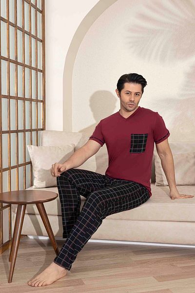Tarık Men's Burgundy Plaid and Square Pattern Short Sleeve Father-Son Combination Summer Combed Cotton Fabric Pajama Set