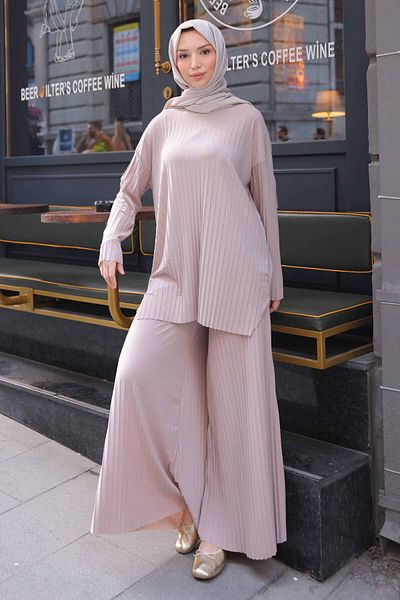 İmajButik Σετ παντελόνι μπεζ πλισέ Sandy Tunic