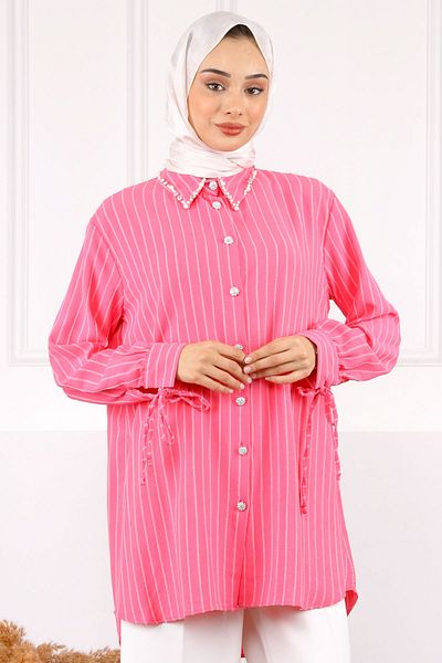 İmajButik Pink Sleeve Lace Collar Stone Linda Tunic
