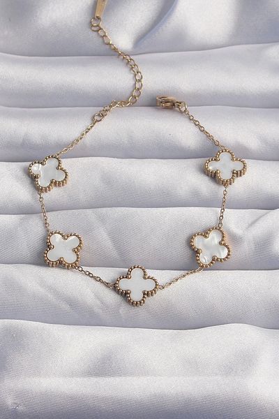 Clariss 316L Steel Gold Color White Pearlescent Clover Bracelet