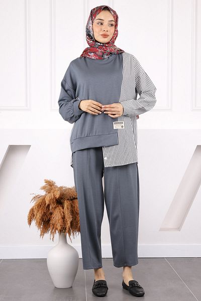 İmajButik Smoked Shirt Garnished Modal Tunic Pants Suit