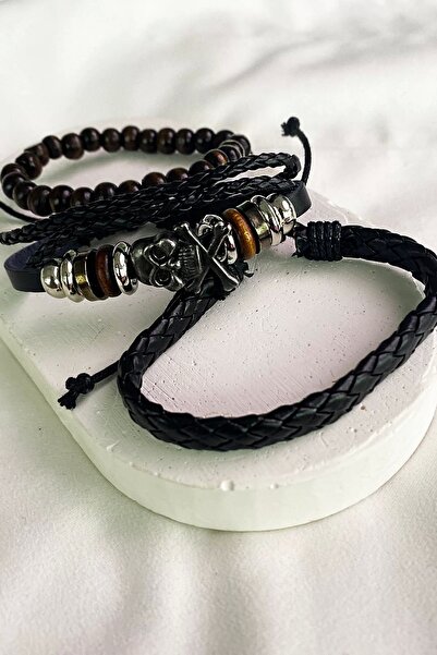 TakıDolabı مجموعة أساور جلدية متعددة للرجال على شكل جمجمة